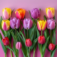 Obraz premium A vibrant collection of colorful tulips arranged on a pink background, showcasing the beauty of spring flowers.
