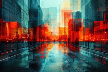 Obraz premium Abstract city landscape with blurred buildings, neon lights and reflections in wet street.