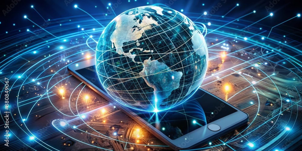 Poster a futuristic globe surrounded by glowing circuits, wires, and smartphones, representing the intercon