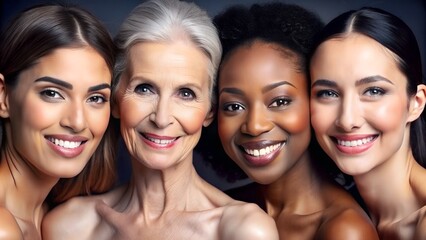 Fototapeta premium Portrait of four diverse women with beautiful smiles, representing different generations and backgrounds, showcasing natural beauty and radiant skin.