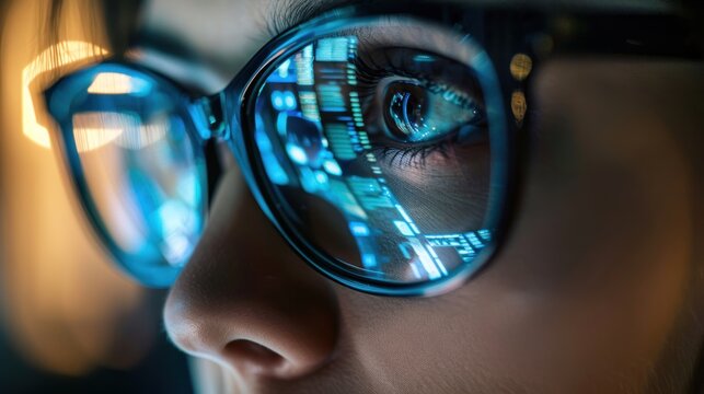 focus on eye close-up view. Focused developer coder wears glasses working on computer looking at programming code data cyber security digital tech reflecting in spectacles developing software program.