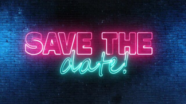 Save The Date text font with light. Luminous and shimmering haze inside the letters of the text Save The Date. Save The Date neon sign.	
