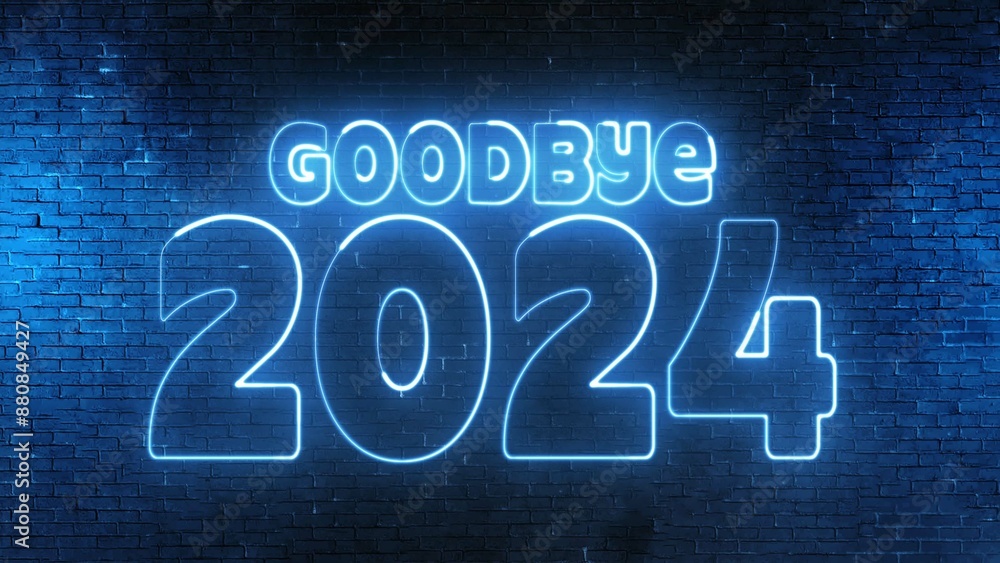 Poster goodbye 2024 text font with light. luminous and shimmering haze inside the letters of the text goodb