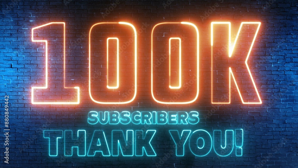 Poster 100k subscribers thank you text font with light. luminous and shimmering haze inside the letters of 