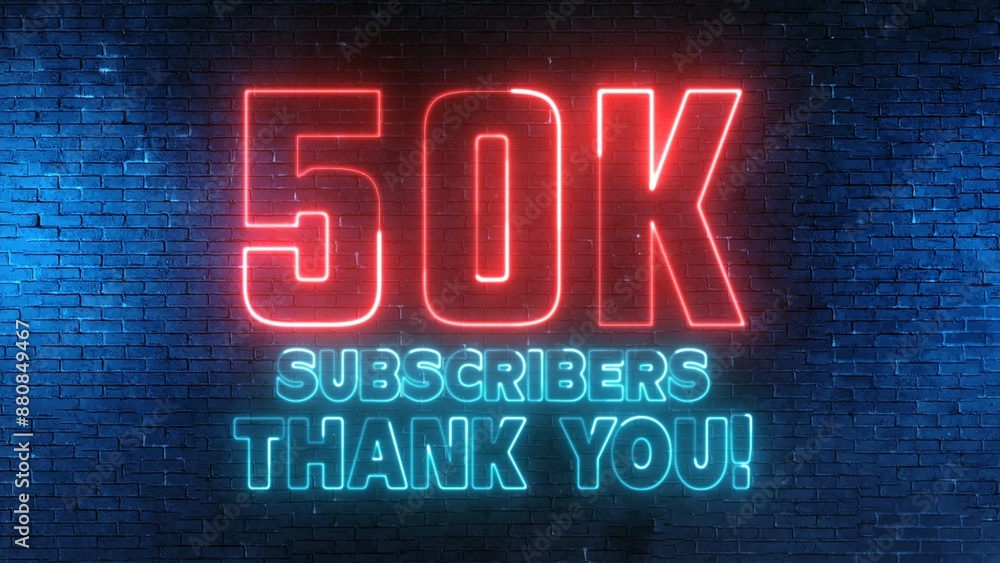 Poster 50k subscribers thank you text font with light. luminous and shimmering haze inside the letters of t