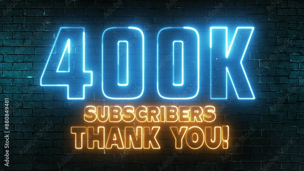 Poster 400k subscribers thank you text font with light. luminous and shimmering haze inside the letters of 