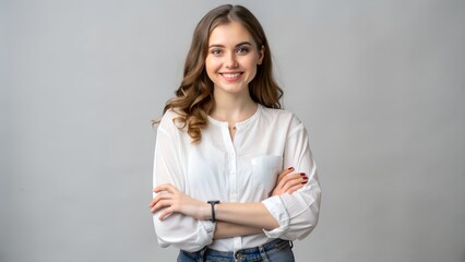 Smiling young woman with crossed arms in casual attire against a gray background. Confident, cheerful, and approachable.