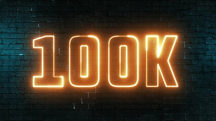 100K text font with light. Luminous and shimmering haze inside the letters of the text 100K. 100 000 Number. One hundred thousand neon sign.