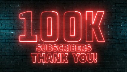 Obraz premium 100K subscribers thank you text font with light. Luminous and shimmering haze inside the letters of the text 100K. 100 000 Number. One hundred thousand neon sign.