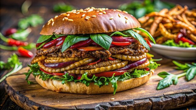 Vibrant close-up of a unique hamburger patty composed of crunchy mealworms, crickets, and plant-based carbs on a toasted bun with fresh greens and sauces.
