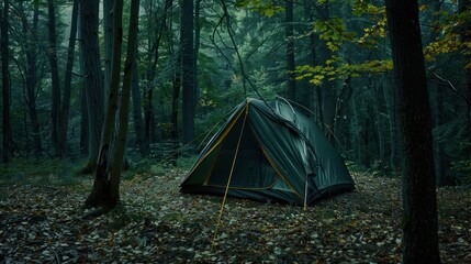 Camping Tent in a Foggy Forest