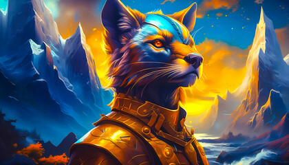 A pensive cat in armor against the background of mountains