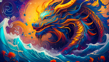A dragon emerging from the stormy sea