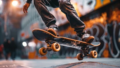 Medium shot of skateboarder executing a trick, their balance and creativity showcased in the air
