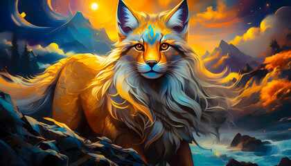 A cat with a mane against the background of mountains and the setting sun