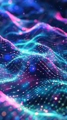 Abstract and high-tech hologram featuring shimmering lights, pulsating particles, and flowing neon colors. Hologram dynamic wave of particles