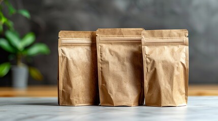 Maquetas de varios envases tipo bolsa con espacio para texto. Concepto de publicidad.