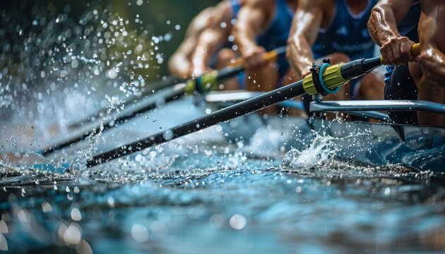 Medium shot of rower powering through the water, their muscular physique and synchronized teamwork on display