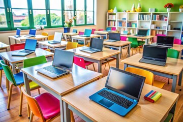 Fototapeta premium Colorful school classroom with assorted laptops and tablets on desks, surrounded by educational materials, awaiting a diverse group of students for technology lesson.