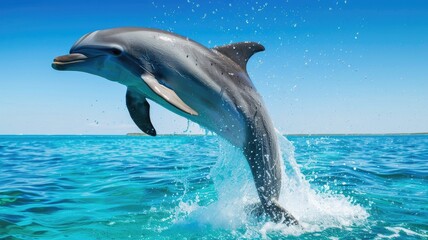 Naklejka premium Dolphin jumps out of clear blue ocean water