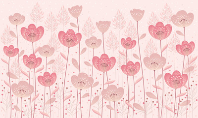 Flowers and meadow grasses. A colorful illustration of a summer meadow with flowers and meadow grasses in pink shades. Design for the 
children's room, wallpapers, photo wallpapers.