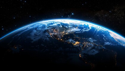 Obraz premium Blue marble Earth, a 3D sphere suspended in black space, orbits glowing sun, illuminated continents, oceans, and swirling atmosphere