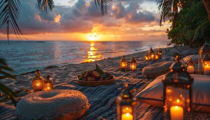 A romantic beachside banquet setup with glowing lanterns and a spread of tropical fruits, against the backdrop of a serene sunset and tranquil sea
