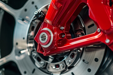Obraz premium Car brake discs and red calipers close-up
