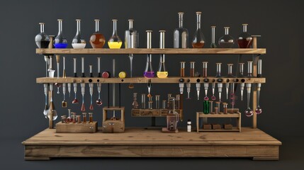 A Collection of Glassware in a Wooden Laboratory Setting