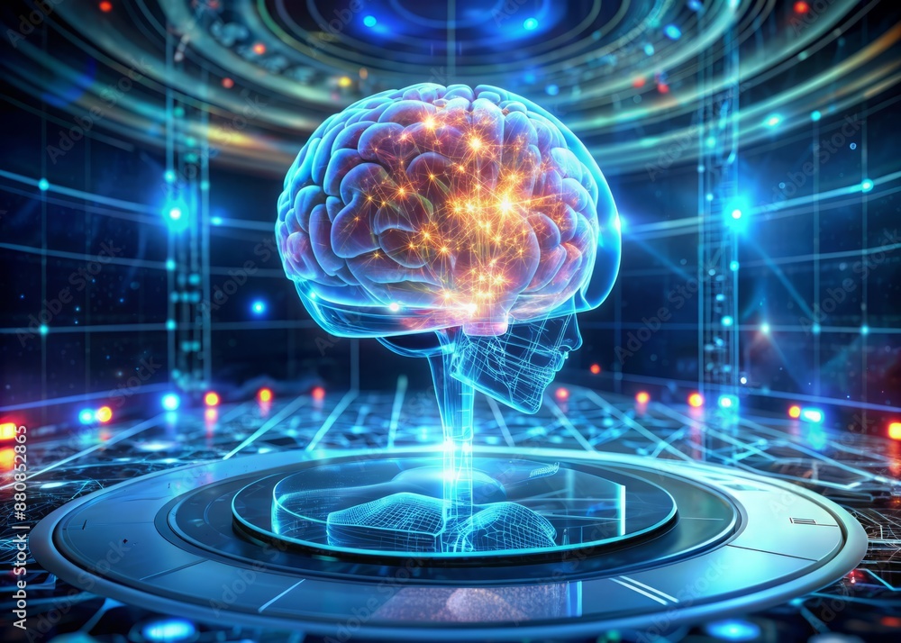 Aufkleber a futuristic holographic display showcases a 3d human brain model, surrounded by coding scripts and 