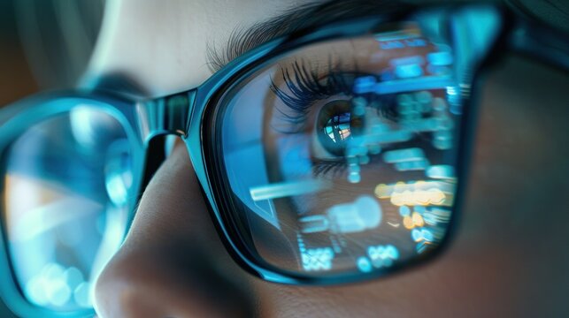 focus on eye close-up view. Focused developer coder wears glasses working on computer looking at programming code data cyber security digital tech reflecting in spectacles developing software program.