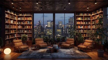 A cozy reading nook in a co-living space, with comfortable chairs, floor-to-ceiling bookshelves, and warm ambient lighting.