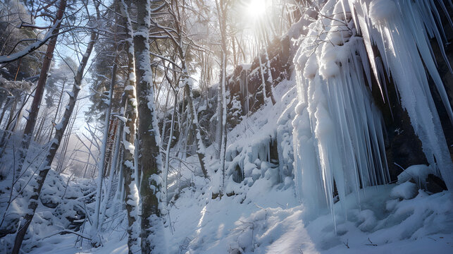 A frozen waterfall with icicles hanging from it
