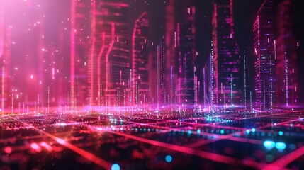 Fototapeta premium abstract digital cityscape with neon grid lines and glowing data streams geometric shapes pulse with energy creating a dynamic representation of information flow