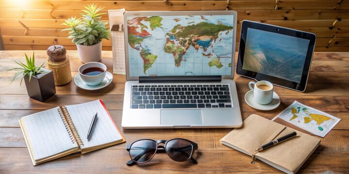 A tidy desk with a laptop, notebook, and travel accessories, surrounded by maps and calendars, conveying a sense of organized business trip planning.