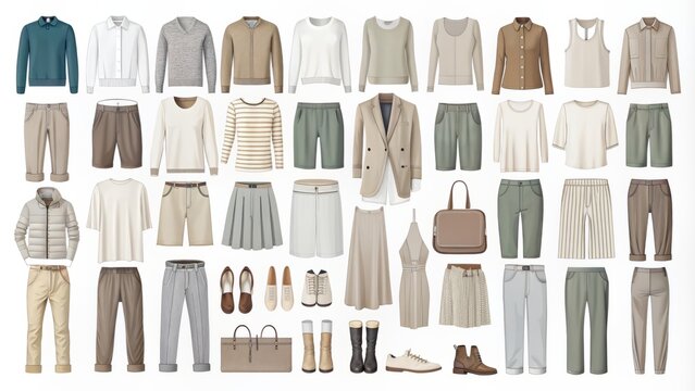 Simple, modern, and streamlined illustrations of 35 essential clothing items, including shirts, pants, dresses, and accessories, on a clean white background, in neutral colors.