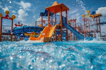 Colorful slides and water play structures come to life in this cheerful water park, with water cascading down slides and kids playing in the bright blue water.