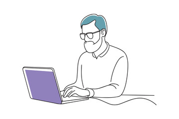 Man earing glasses working on a laptop at a desk doodle continuous line art vector illustration on white background.