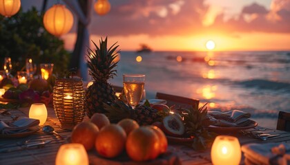 A romantic beachside banquet setup with glowing lanterns and a spread of tropical fruits, against the backdrop of a serene sunset and tranquil sea