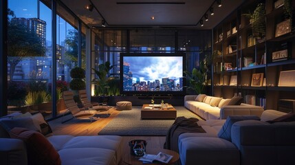 A shared media room in a co-living space, with residents watching a movie, surrounded by comfortable seating and soft lighting.