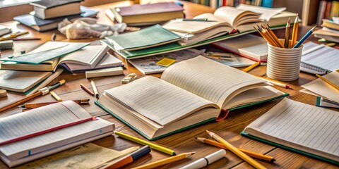 Obraz premium Cluttered desk with open textbooks, scattered notes, and a broken pencil, conveying feelings of exhaustion and disinterest in academic pursuits.