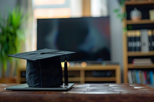 Graduation cap on laptop in cozy home setting signifies virtual education accomplishment