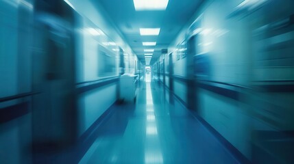 blurred hospital corridor soft focus on medical equipment muted blues and whites sense of urgency motion blur suggesting activity