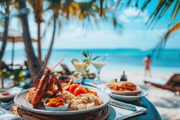 An outdoor tropical beach setting with a gourmet seafood meal featuring shrimp and other delicacies, beautifully presented with the ocean and blue skies in the background.