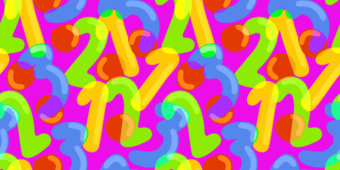 Bright vector seamless pattern with glossy figures 1 2 3 and bubbles on vivid pink background