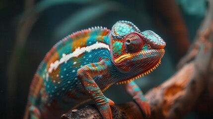 closeup portrait of vibrant chameleon perched on branch isolated from background highlights the reptiles unique features textured skin and ability to blend with surroundings