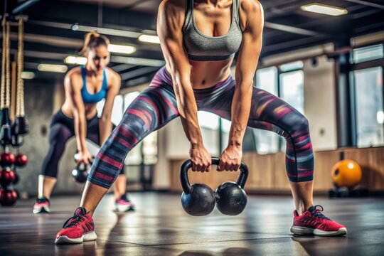 Closeup of toned legs and feet of a young woman exercising with kettlebells at a fitness gym, showcasing her strength and muscle definition during workout session.