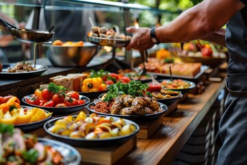 Obraz premium A vibrant buffet showcasing a wide assortment of colorful, fresh foods including salads, grilled meats, fruits, and vegetables arranged neatly on a wooden table.