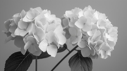 Monochrome close up of two hydrangea flowers on gray backdrop