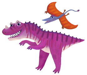 cartoon happy and funny colorful prehistoric dinosaur dino and quetzalcoatlus pterodactyl bird rhamphorhynchus flying ceratosaurus isolated illustration for children © honeyflavour